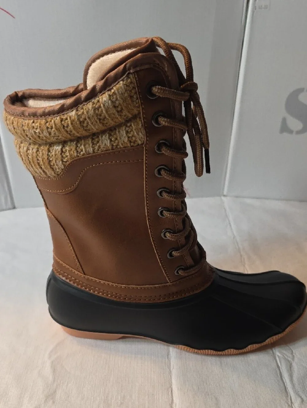 Women's Cognac and Black Insulated Lace-Up Winter/Rain Duck Boots